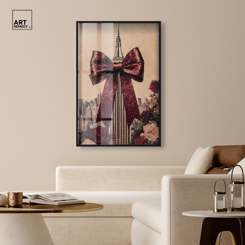 «Sparkling Bow Empire State Building Shadowbox Print» par Art Remedy, H 55 po x l 37 po, Noir