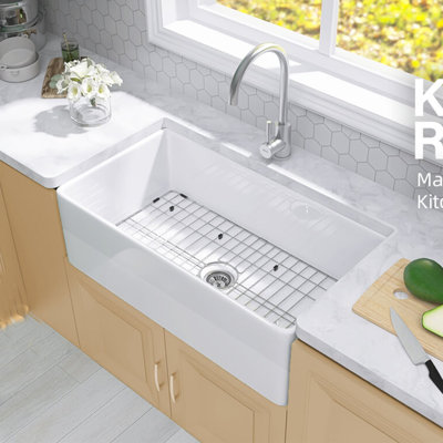 Fireclay 36 x 18 White Farmhouse Kitchen Sink Apron Front Large & Deep Farm Sink Single Bowl with Grid & Basket Strainer