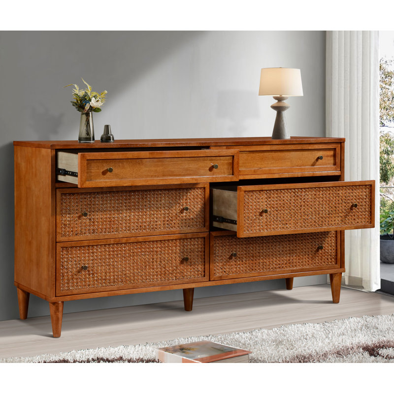 Ingraham 59.1" W Mid-Century Modern Solid Wood Cane 6-Drawer Double Dresser, Walnut