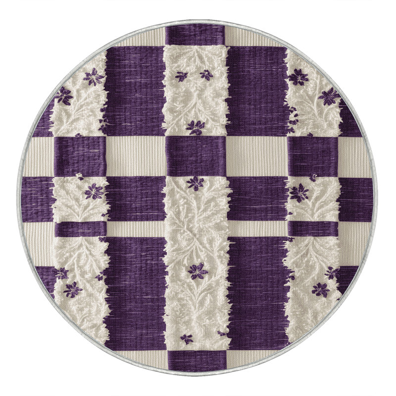 Tapis beige à carreaux lavable à la machine, Rond 3 pi