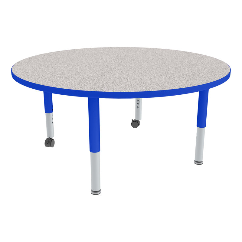 Table ronde ronde à hauteur réglable pour enfants avec roulettes, Plateau gris nébuleux / bord bleu