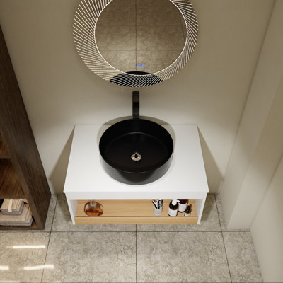 Meuble-lavabo flottant avec lavabo vasque rond noir et tablette ouverte