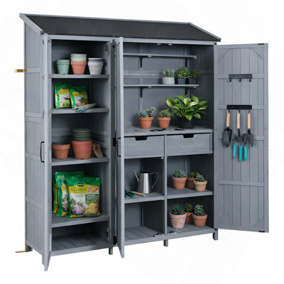 71.6" H Large Wooden Garden Storage Shed with Workstation, Waterproof Roof, and 3 Doors, Gray