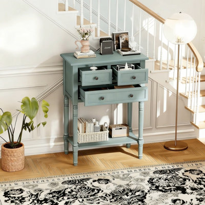 Narrow Console Table, Slim Sofa Table with Three Storage Drawers and Bottom Shelf