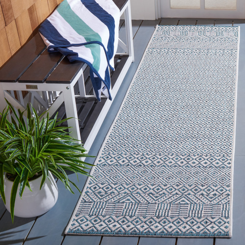 Tapis intérieur / extérieur ivoire / turquoise Milliken, Tapis de couloir 2 pi 3 po x 8 pi