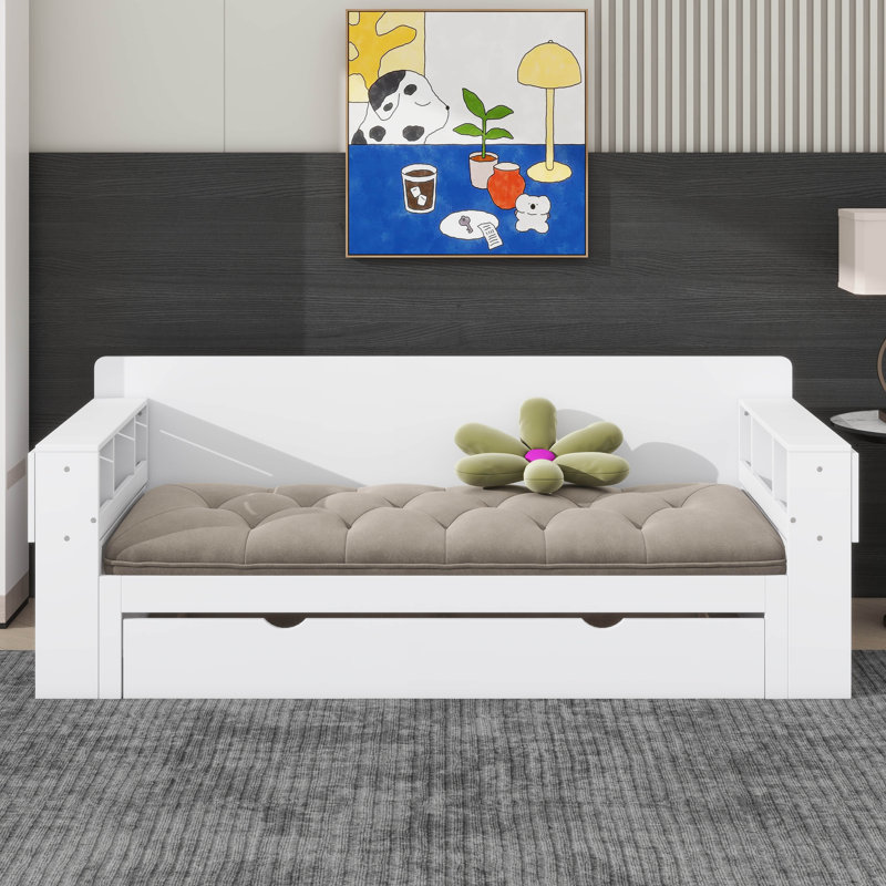 Queen Size Wooden Daybed Featuring Storage Drawers, Detachable Desk, And Hydraulic Side Table, White, Queen