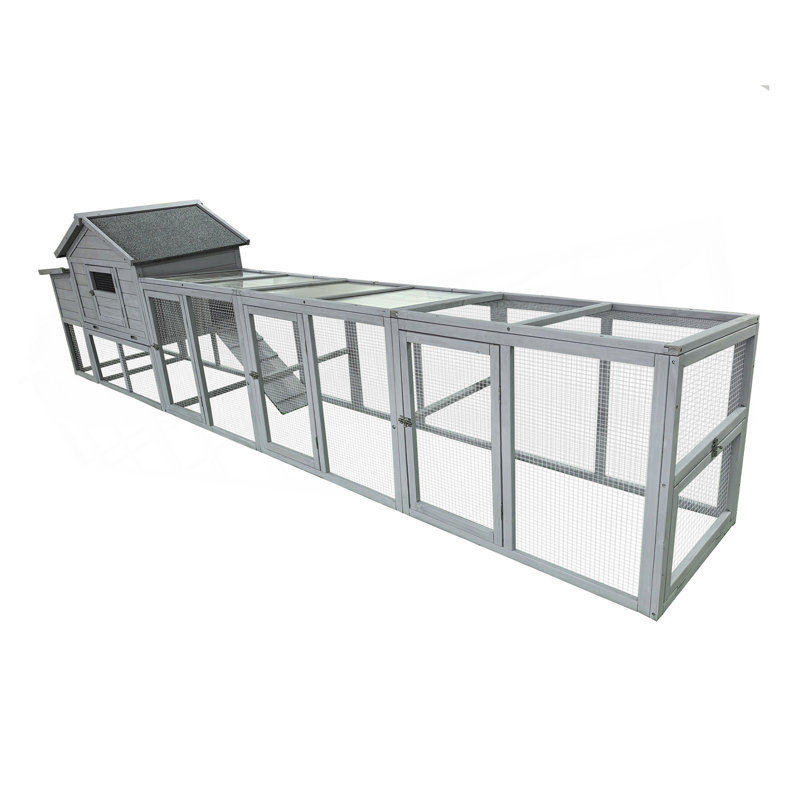 Grand poulailler en bois 141 ＂gris, poulailler d'extérieur avec nichoir, panneau imperméable et anti-UV, clôture grillagée, cage à volaille