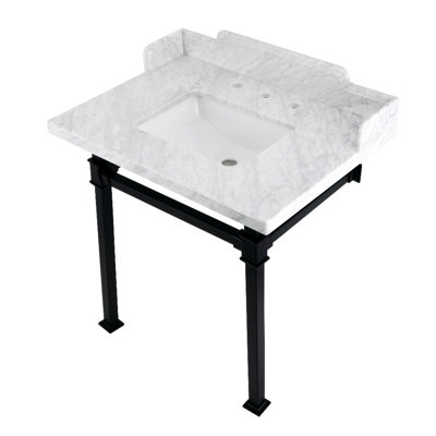 Kingston Brass Viceroy 30-Inch Carrara Marble Console Sink with Stainless Steel Legs (8-Inch, 3-Hole)