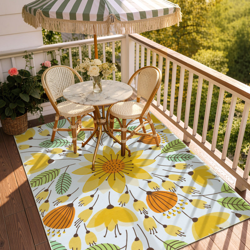 Washable 5X8 Yellow Floral Outdoor Rug, Non Slip Quick-Dry Mesh Rug for Deck Patio, Rectangle 5' x 8', Yellow