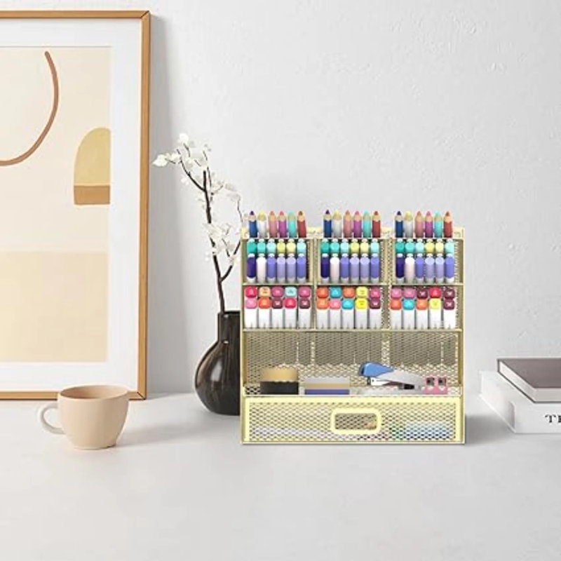 Porte-stylo en métal à 10 compartiments avec tiroir, organisateur de bureau, Yellow