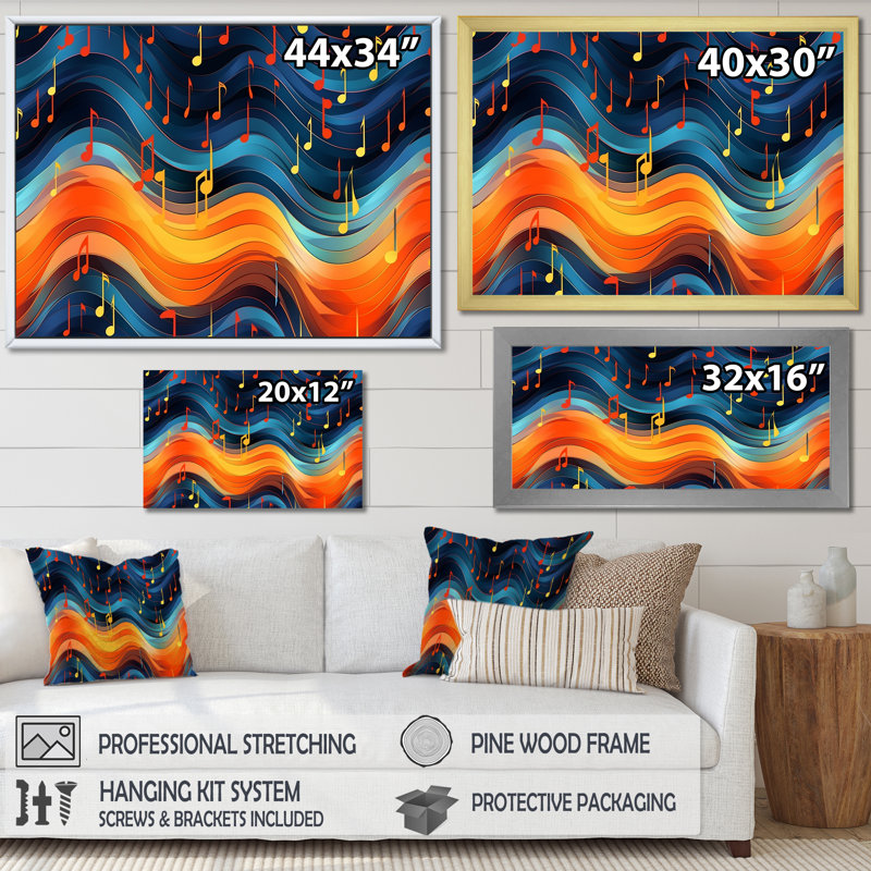 Vagues de notes de musique en orange et bleu rétro - impression, H 24 po x l 32 po, Cadre flottant noir