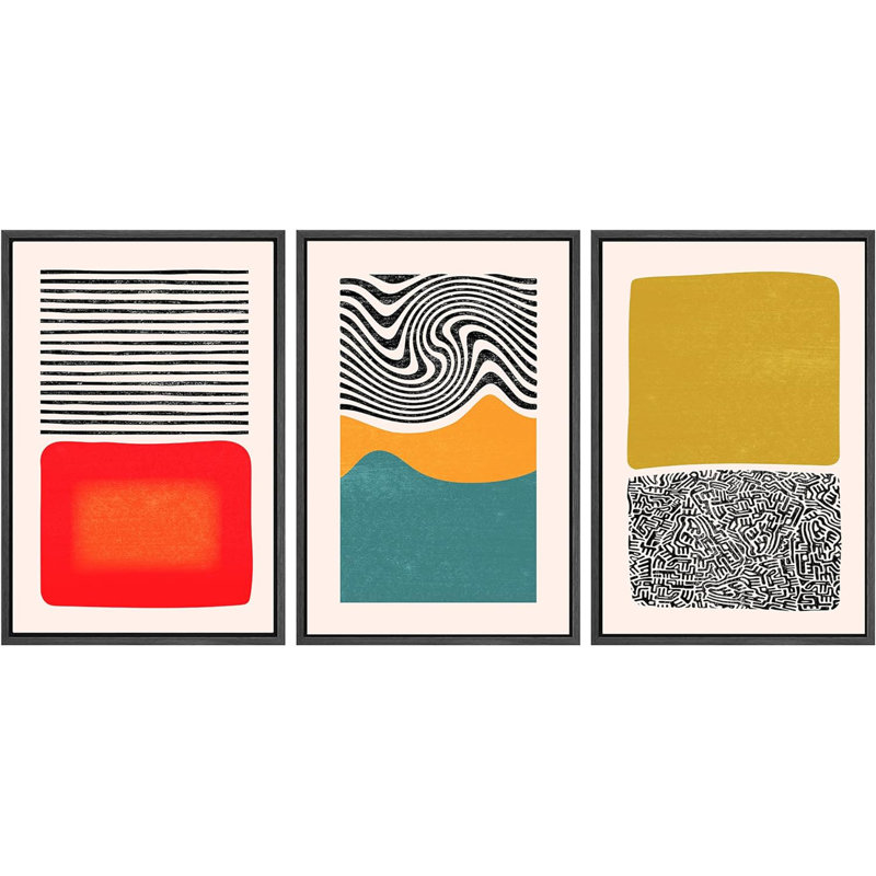 Abstract Vibrant Color Blocks " Mid-Century Color Blocks And Spirals " 3 - Pieces, Black, 36" H x 72" W x 1.5" D