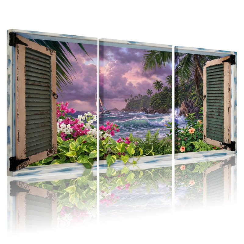 Paysage et nature, vue sur l'océan tropical par des volets, H 18 po x l 36 po