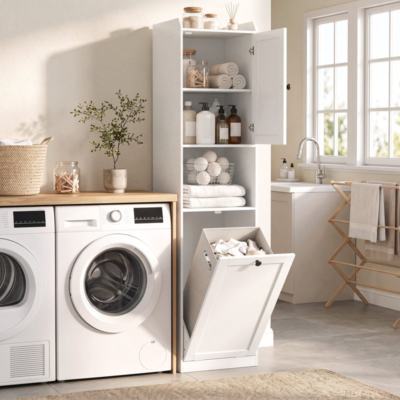 Armoire de rangement de 67 po de hauteur avec panier à linge inclinable, blanc