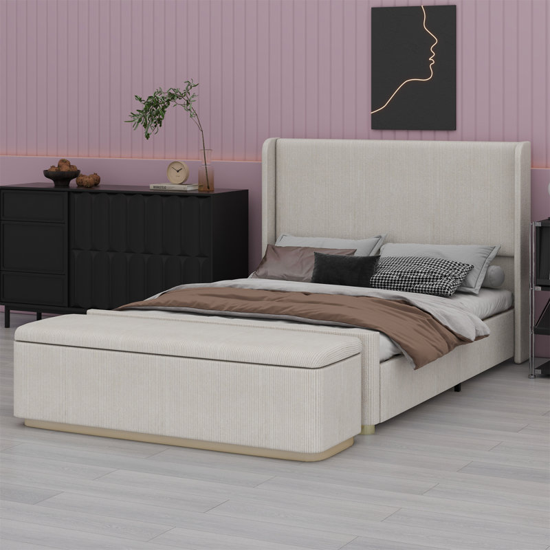 Upholstered Bed Frame With Storage Ottoman, And Vertical Stripe Wingback Headboard And Footboard, Queen, Light Grey