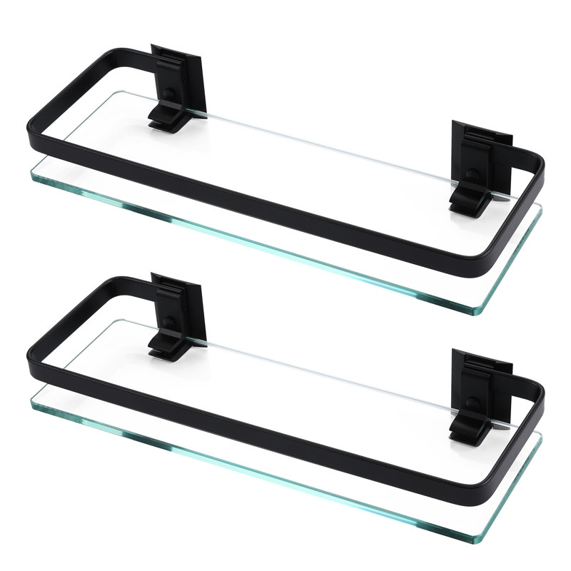 Keyarra Aluminum Bathroom Glass Shelf Tempered Glass Rectangular 1 Tier Extra Thick Silver Wall Mounted 2 Piece, Matte Black
