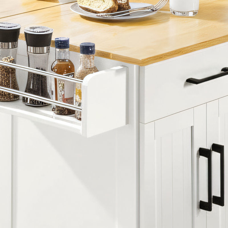 White 49.1-Inch Mobile Kitchen Island Trolley With Folding Tabletop, Drawer Storage, Rubberwood Countertop, Removable Towel Rack And Spice Rack.