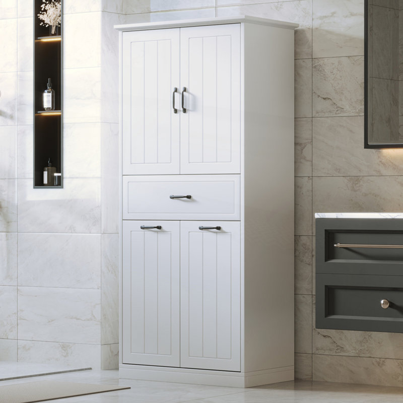 Armoire de rangement pour salle de bain avec deux paniers à linge, Blanc
