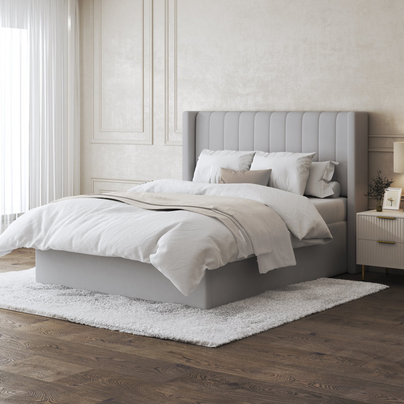 Lit plateforme capitonné avec rangement, Grand, Gris clair