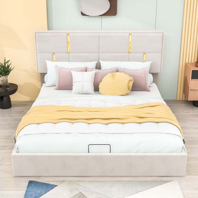 Lit plateforme tapissier avec rangement Hristofer, Grand, Beige