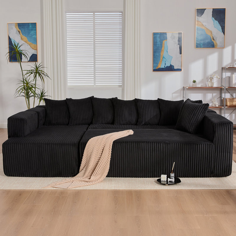 Canapé modulaire en U avec 8 coussins sans assemblage pour des espaces de vie polyvalents, Velours côtelé noir
