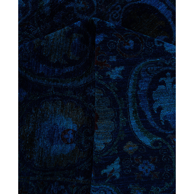 Tapis unique noué à la main Rachal - bleu marine, 12 pi 1 po x 17 pi 7 po
