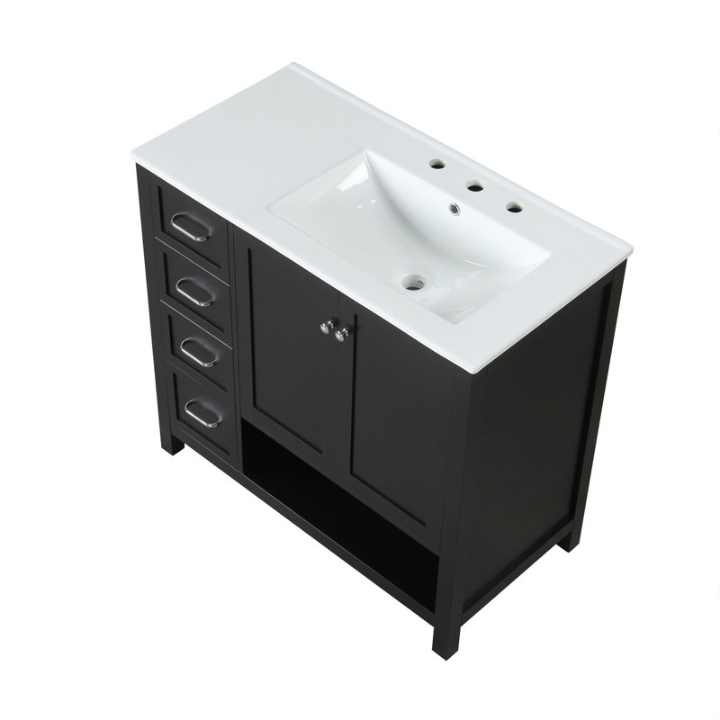 Meuble-lavabo 36 po avec comptoir d'évier, meuble-lavabo avec deux portes et deux tiroirs, bois massif, tablette ouverte