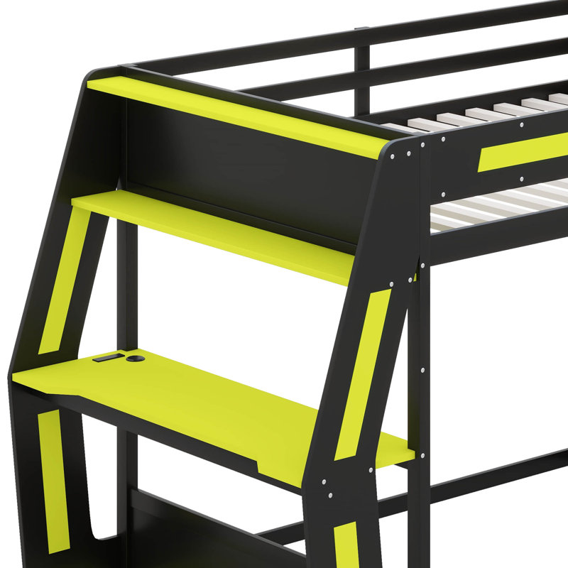 Lit superposé double avec bureau, lumière DEL et station de charge USB, structure de lit mezzanine en bois avec 2 tablettes de rangement