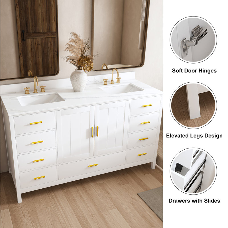 Meuble-lavabo double 60 po avec 7 tiroirs et comptoir en quartz