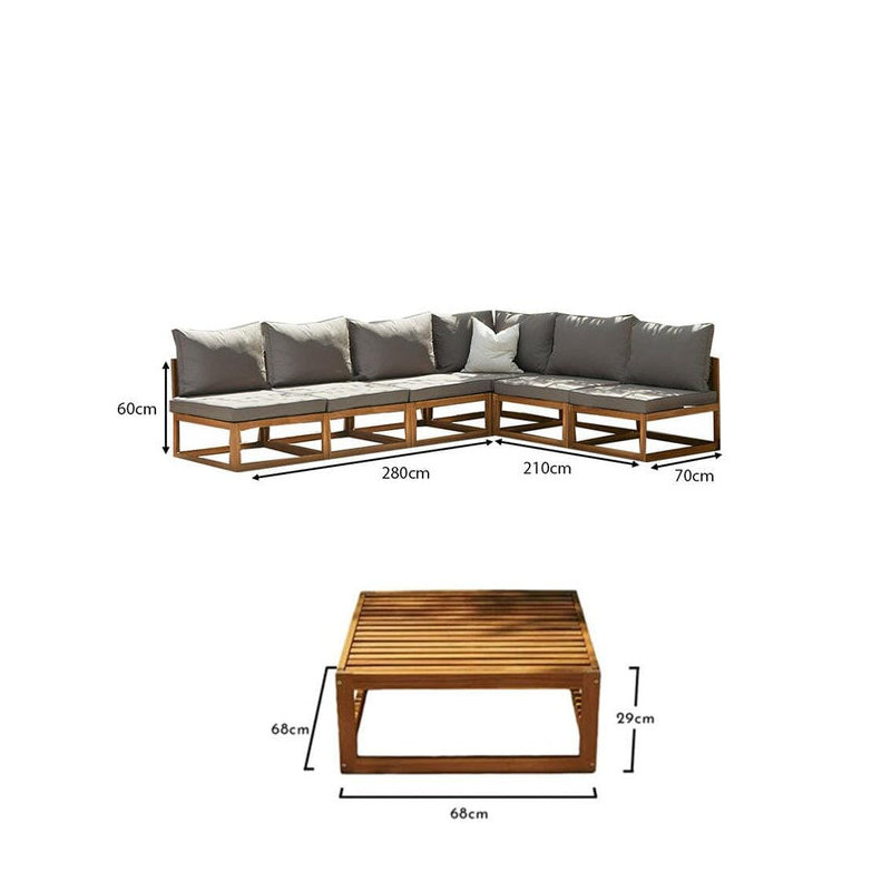 Rimasha 6 Seater Wooden Garden Corner Sofa Set with Coffee Table - Grey, Beige