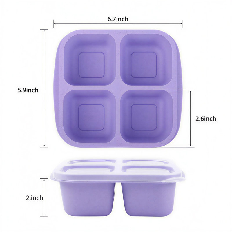 Paquet de 6 contenants de rangement pour aliments à 4 compartiments, boîte à bento pour enfants et adultes à l'épreuve des fuites en paille de blé, contenants de préparation de repas empilables, coffre-fort pour réfrigérateur