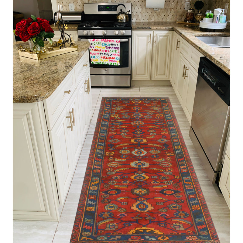 One-of-a-Kind 4'2" x 11'4" 1980s Runner Wool Area Rug in Blue and Yellow