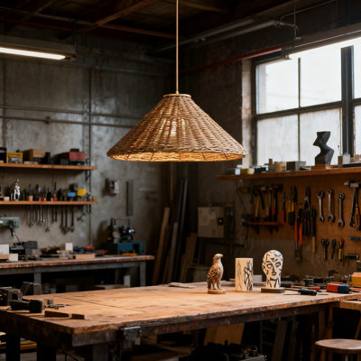 Luminaire de lustre en rotin de 19 pouces, luminaire suspendu en osier tissé à la main pour la salle à manger, îlot de cuisine, vestibule, luminaire suspendu rustique Boho Farmhouse