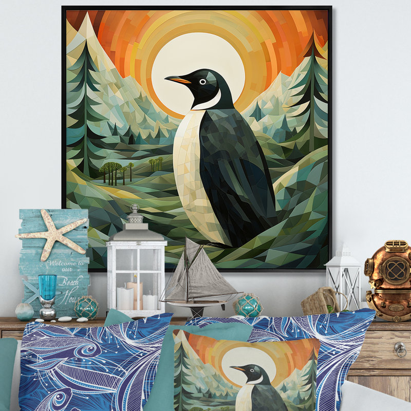 «Penguin Forest At Sunset», art mural sur toile, pingouin, H 24 po x l 24 po, Cadre flottant noir