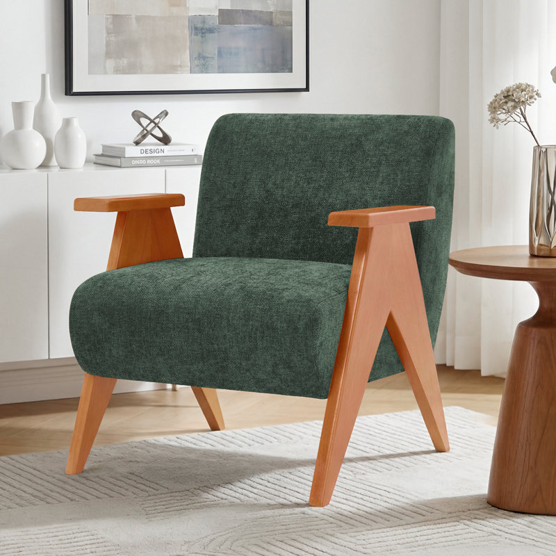 Chaise avec accoudoirs rembourrée l 28 po avec pieds en bois, Vert