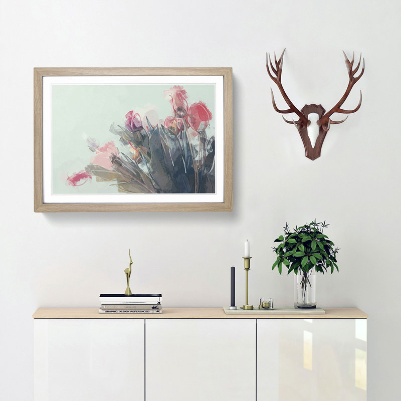 Bunch of Pink Tulips in Abstract - Picture Frame Art Print, 27cm H x 36cm W x 2cm D, Oak Framed