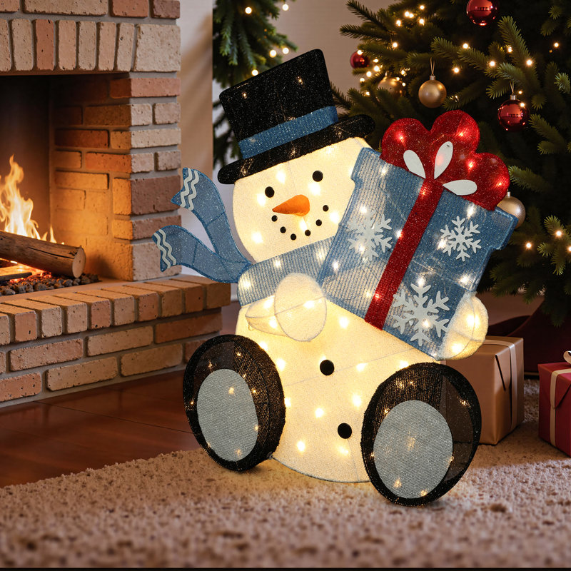 Décoration de Noël en tissu pré-illuminé de 80 cm représentant un bonhomme de neige tenant une boîte-cadeau