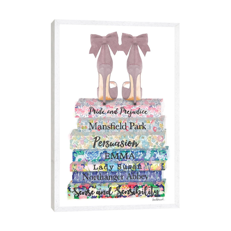Austen Flower Books With Shoes by Amanda Greenwood - Painting on Canvas, 66.04 cm H x 45.72 cm W, White Framed Canvas