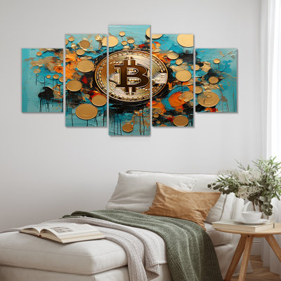  'Gold And Blue Crypto Bitcoin Collage - Fashion Bitcoin Multipanel Wall Art Decor Set
