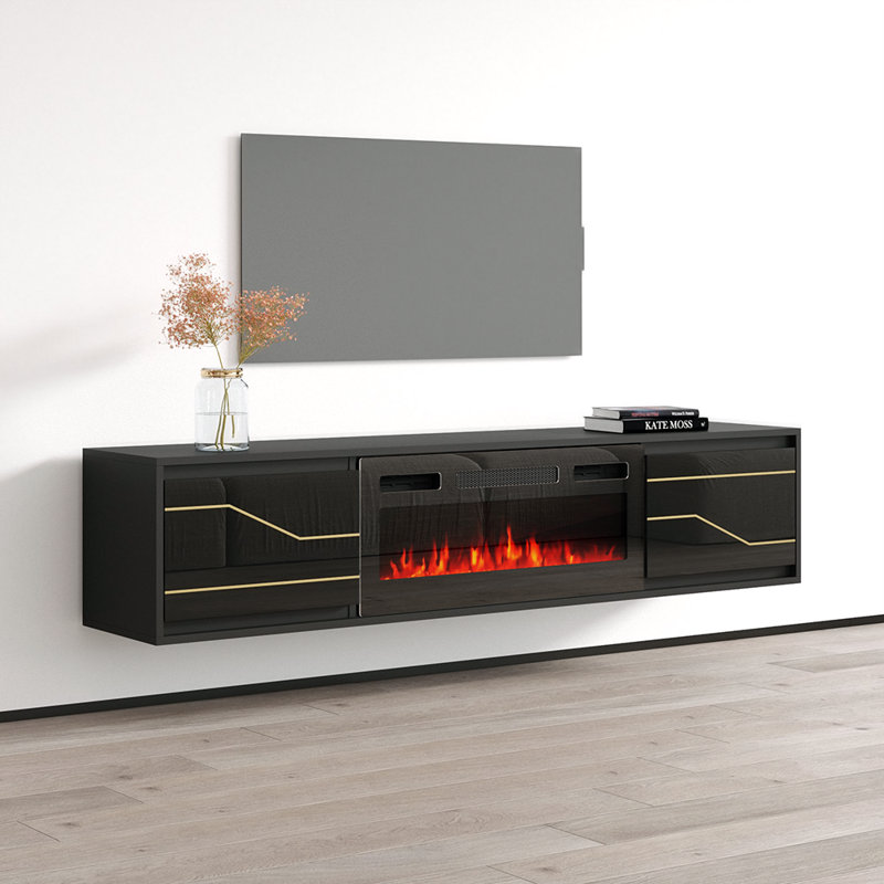 Germar 70.9" Modern TV Stand with Electric Fireplace, High Gloss Finish, Wall-Mounted, Black