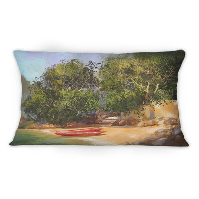 Little Red Boat On Tropical Beach -1 Nautical & Coastal Printed Throw Pillow