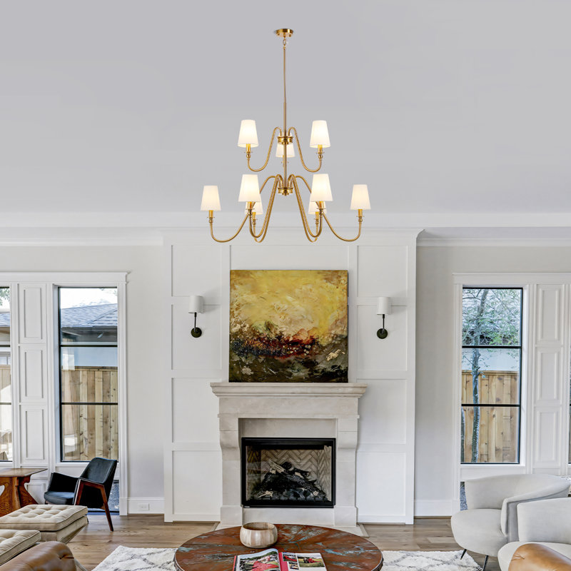 Traditional 9-Light 2-Tier Chandelier with Beige Fabric Shade, Or