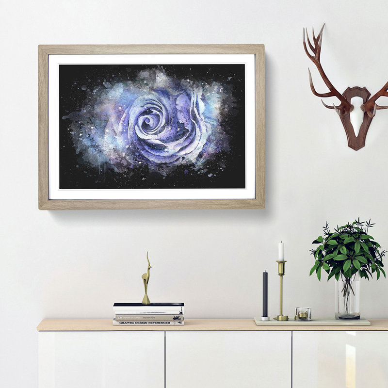 Lilac Rose In Watercolour Paint Splash - Picture Frame Graphic Art, Oak Framed, 33cm H x 45cm W x 2cm D