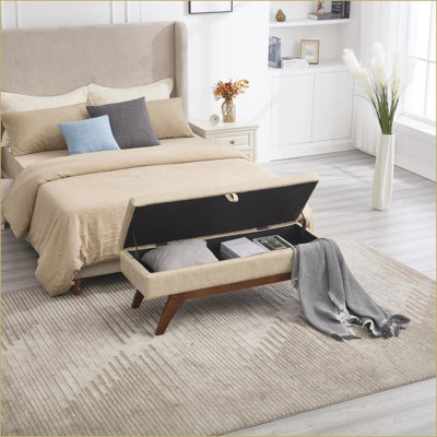 Ottoman with Hidden Storage - Teddy Wool Fabric for Bedroom Footstool, Extra Seating | Walnut Brown | Solid Wood