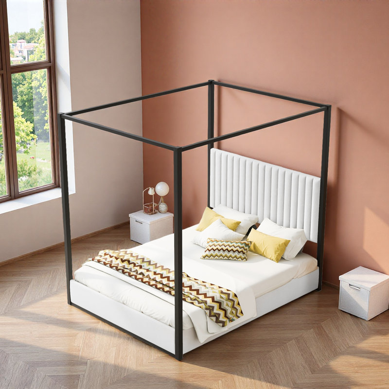 Lit plateforme à baldaquin avec tête de lit tapissier et structure en métal Upholstery, Blanc/Noir