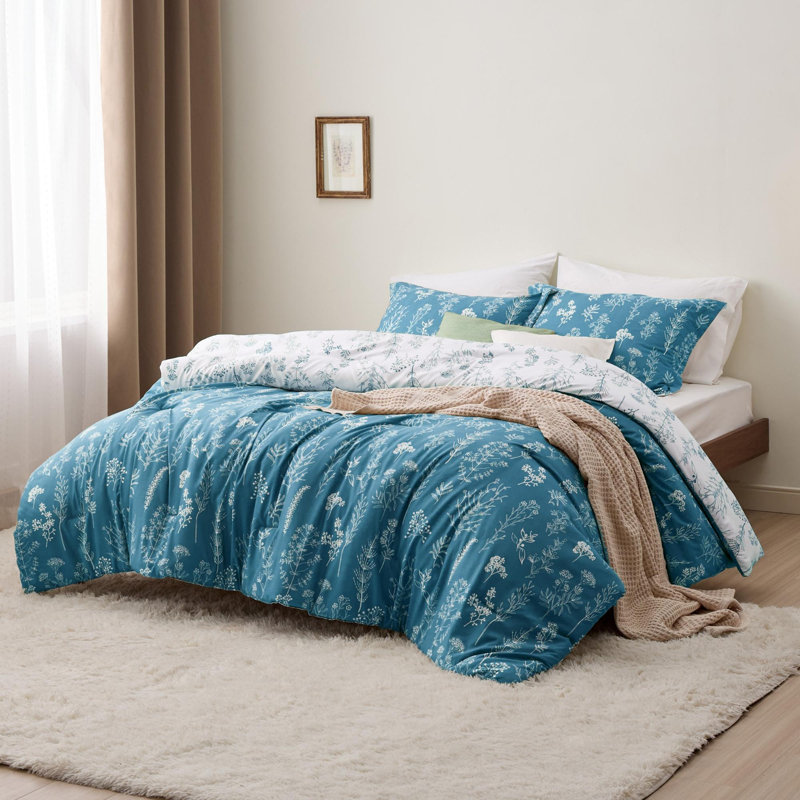 Ensemble d'édredon réversible à motif floral Best vendeur, 89 g / m², Bleu sarcelle, Grand lit