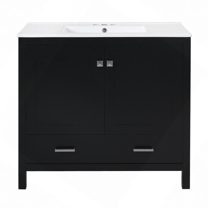 Bathroom Vanity With Ceramic Sink, Soft-Close Doors, Double Storage Shelves & Divided Drawer – Modern Bathroom Cabinet With Ample Storage
