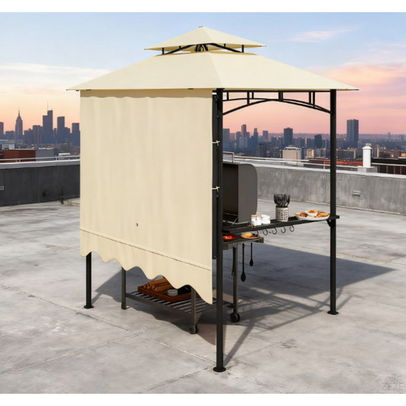 Convenient Barbecue Gazebo Shelter,Outdoor Grill Gazebo,With Side Awning,Side Shelves And Hooks, Beige