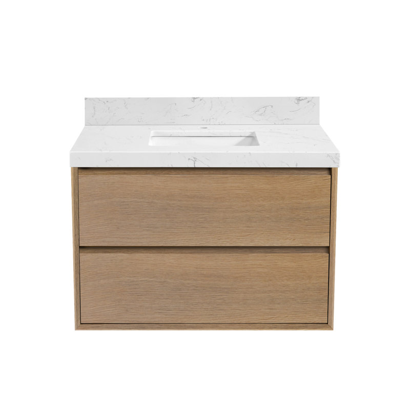 Meuble-lavabo mural 36 po avec armoires et tiroirs flottants, pierre d'ingénierie avec évier, chêne naturel, Naturel, 36"