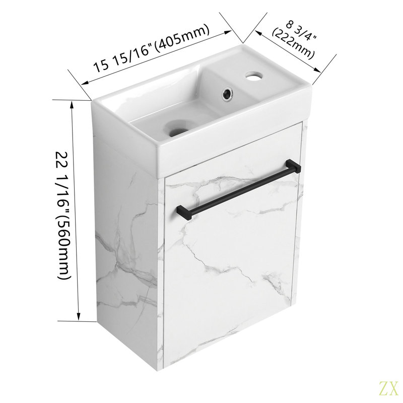 Meuble-lavabo mural 16 po avec lavabo en céramique et porte d'armoire à fermeture en douceur, pour petite salle de bain